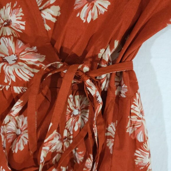 Madewell Floral Wrap Dress Rust Red & White Short Sleeve V-Neck Womens Size L - Picture 5 of 8